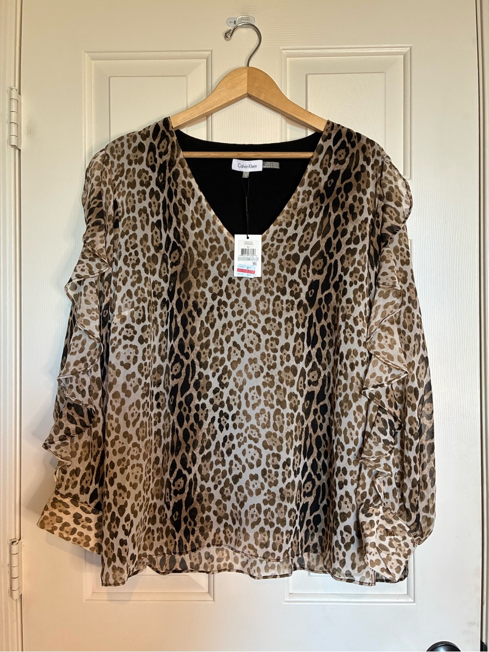 Calvin Klein Leopard Print V-Neck Ruffle Sleeve Blouse - Beige & Black
